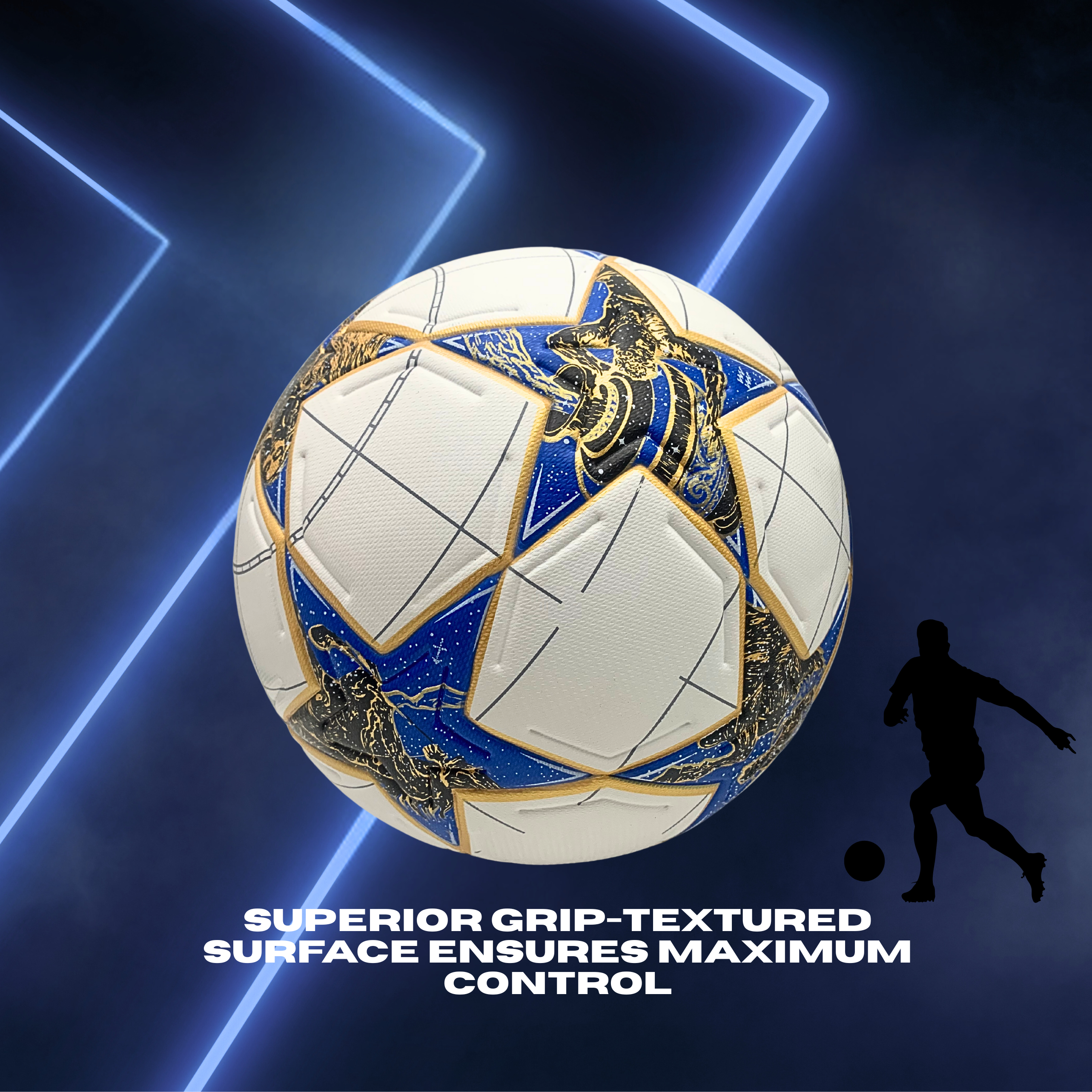 GX TOUR+ Soccer Ball Size 5, Professional League Edition 2025-2026, Textured Leather Cover, White/Blue/Gold