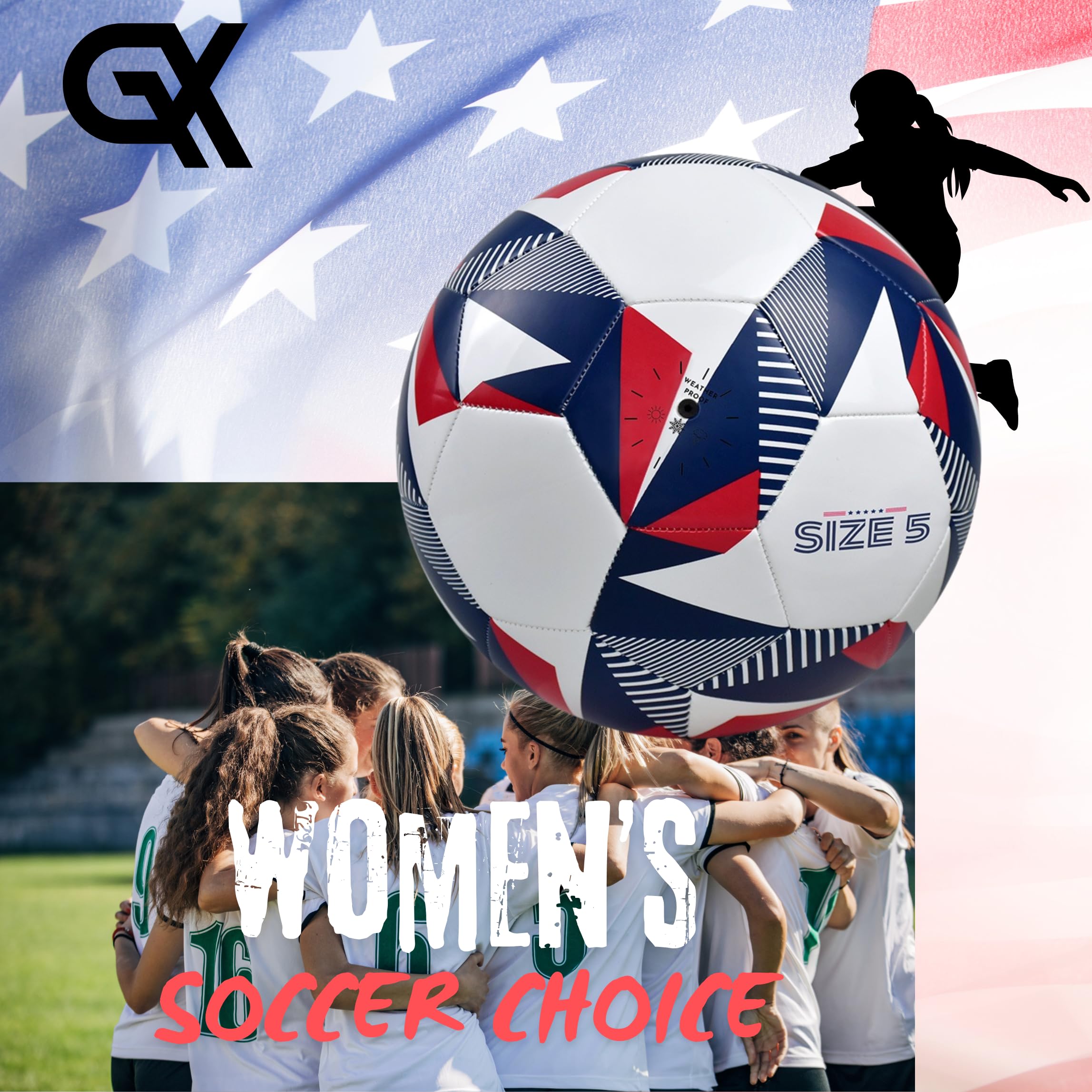 GX USA Soccer Ball, Size 5, Training and Match Ball, White/Red/Blue
