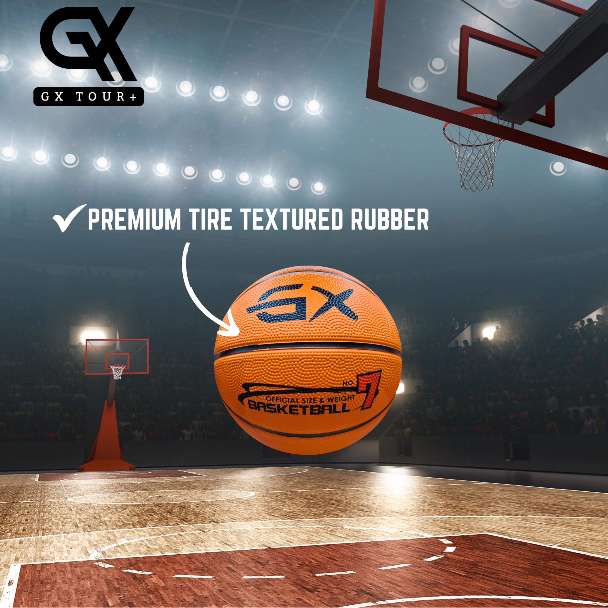 GX Tour+ Rubber Basketball, Size 7 (29.5 inches), Indoor/Outdoor, Durable Tire Textured Rubber